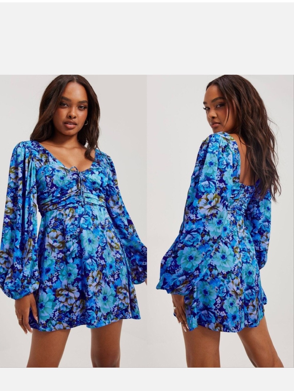 For Love And Lemons Blue Floral Mini Dress with Puff Sleeves